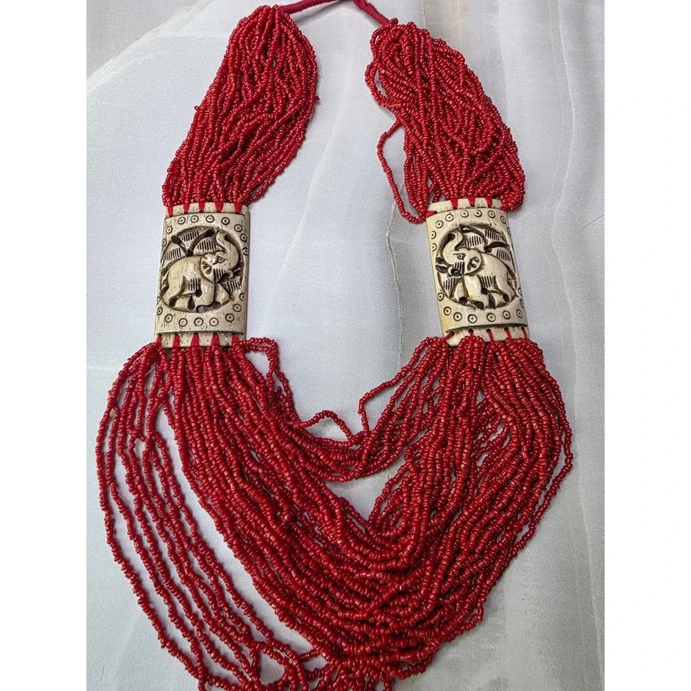 Vintage‎ Red Multi Strand Seed Bead Elephant Carved Statement Necklace Boho